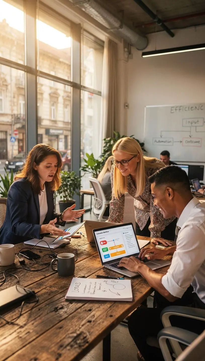 Imagine cu echipă profesională analizând grafice de performanță pentru îmbunătățirea proceselor